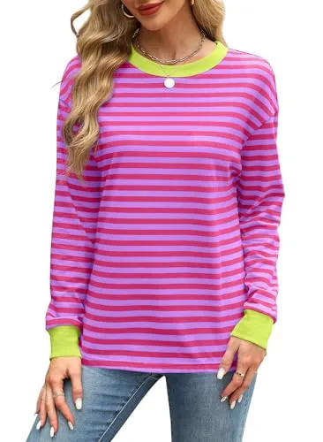 WIHOLL Womens Long Sleeve Tops Pink Striped Shirt Women Casual Fall Tunic Tops Womens Fall Fashion 2024 M