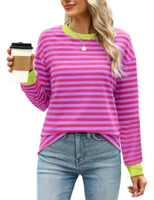 WIHOLL Womens Long Sleeve Tops Pink Striped Shirt Women Casual Fall Tunic Tops Womens Fall Fashion 2024 M