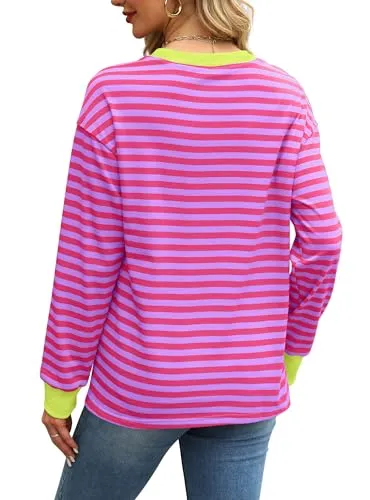 WIHOLL Womens Long Sleeve Tops Pink Striped Shirt Women Casual Fall Tunic Tops Womens Fall Fashion 2024 M