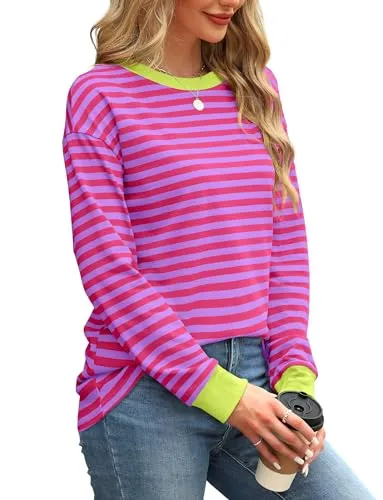 WIHOLL Womens Long Sleeve Tops Pink Striped Shirt Women Casual Fall Tunic Tops Womens Fall Fashion 2024 M