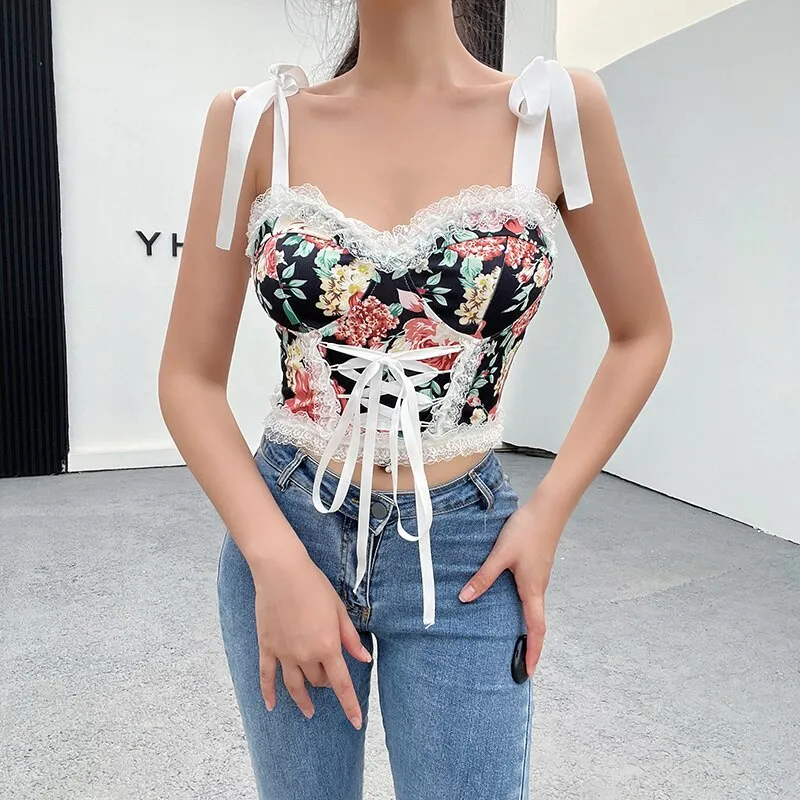 Wjczt Top Womens Summer Tank Tops Sexy Elegant Vest Corset Straps Sleeveless Lace Design Printing Fashion Chic Club Party Wear