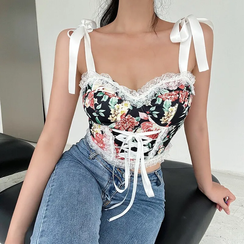 Wjczt Top Womens Summer Tank Tops Sexy Elegant Vest Corset Straps Sleeveless Lace Design Printing Fashion Chic Club Party Wear