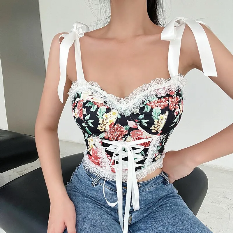 Wjczt Top Womens Summer Tank Tops Sexy Elegant Vest Corset Straps Sleeveless Lace Design Printing Fashion Chic Club Party Wear