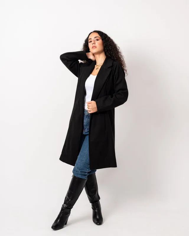 Women's Basic Long Coat - Black, Heavyweight Soft Wool Blend, Elegant Winter Jacket, Made in Egypt