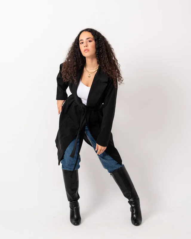 Women's Basic Long Coat - Black, Heavyweight Soft Wool Blend, Elegant Winter Jacket, Made in Egypt