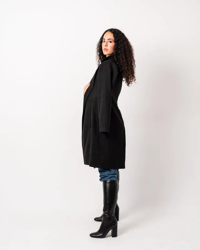 Women's Basic Long Coat - Black, Heavyweight Soft Wool Blend, Elegant Winter Jacket, Made in Egypt