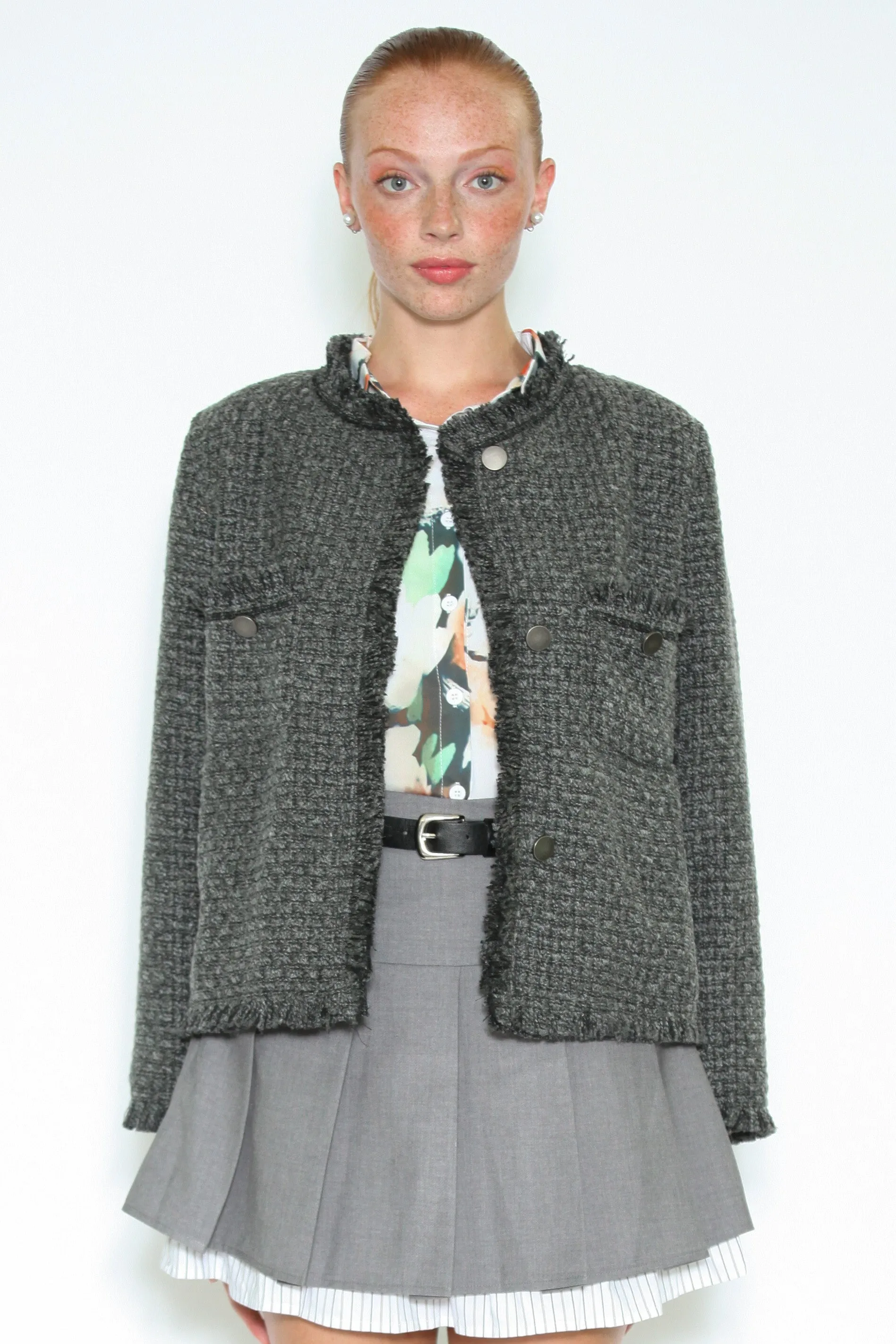 Wool Grey Tweed Frayed Blazer