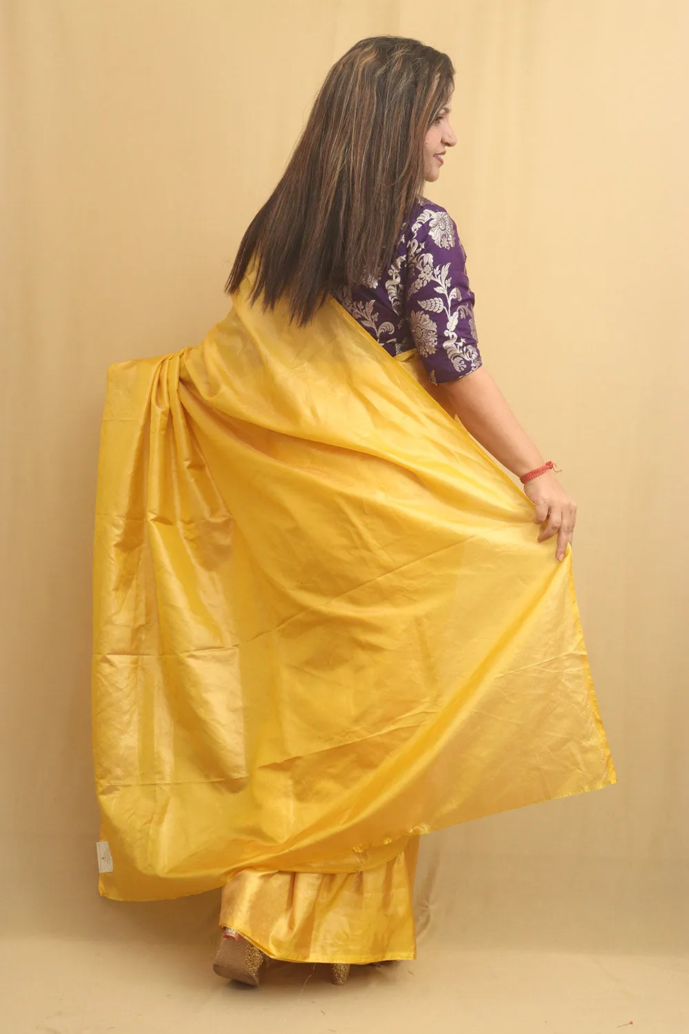 Yellow Plain Tissue Saree