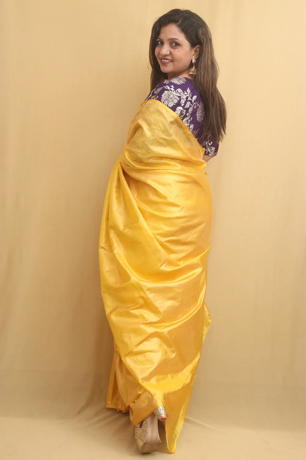 Yellow Plain Tissue Saree