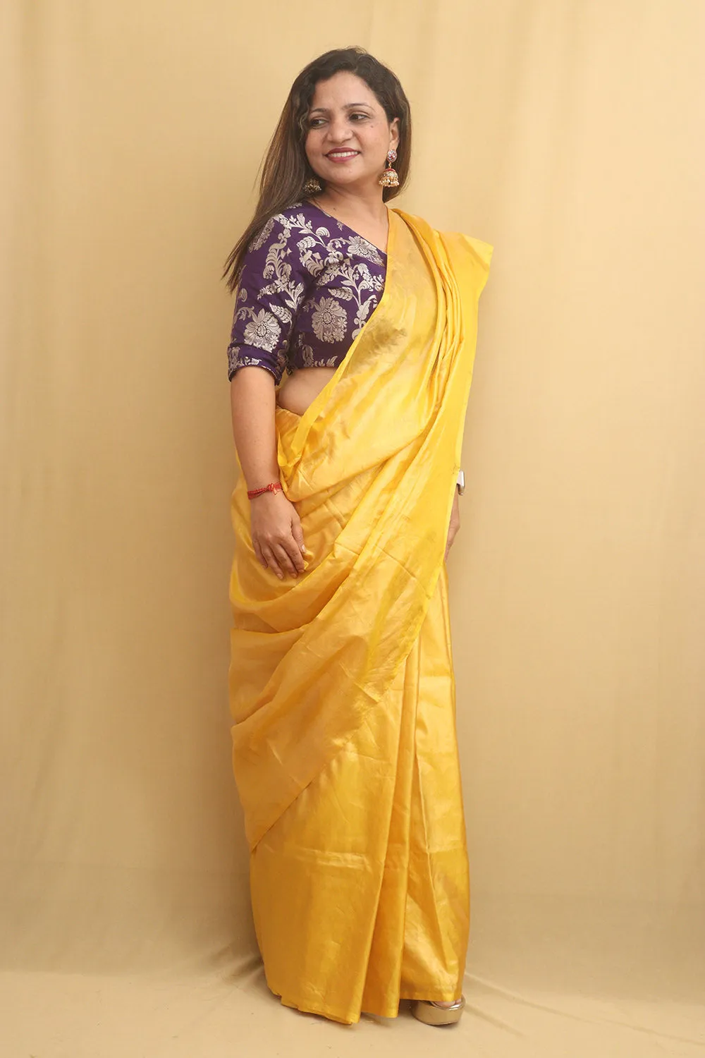 Yellow Plain Tissue Saree