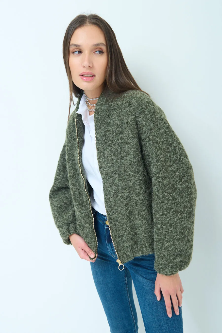 Zip-front wool blend bomber jacket wholesale