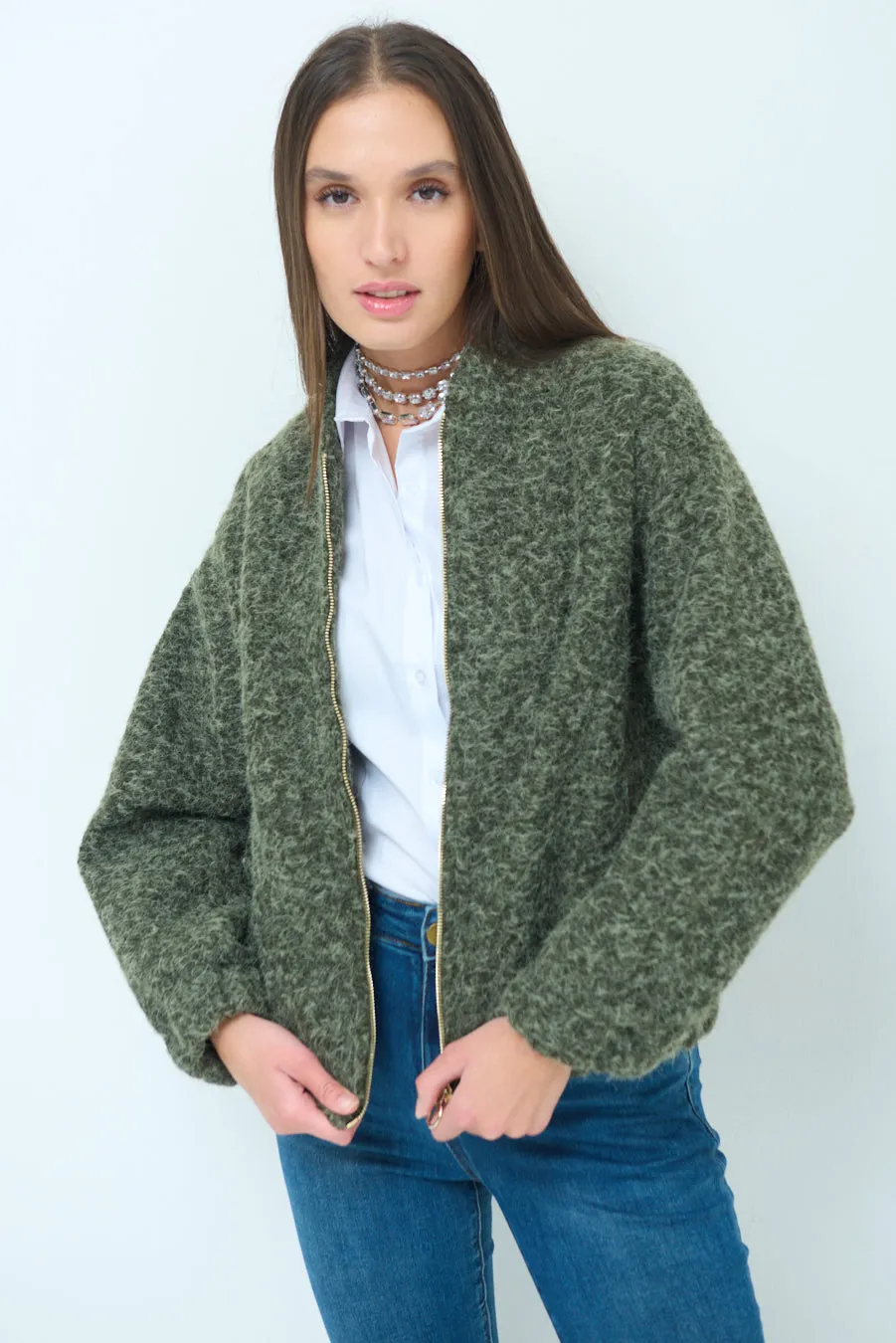 Zip-front wool blend bomber jacket wholesale